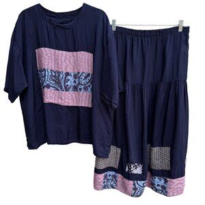 Fixsun‎ Casual Vintage Silk Boho Festival Flowy Blouse Skirt Patchwork Set XL